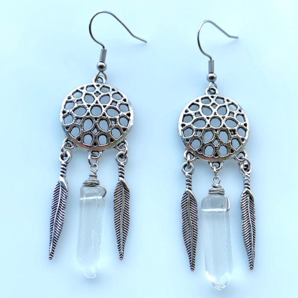 Genuine crystal quartz dream catcher earrings - Picture 7 of 9